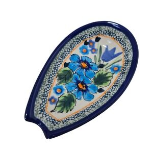 Polish Pottery Spoon Rest Unikat A Bock Blue Floral Boleslawiec Stoneware 5in